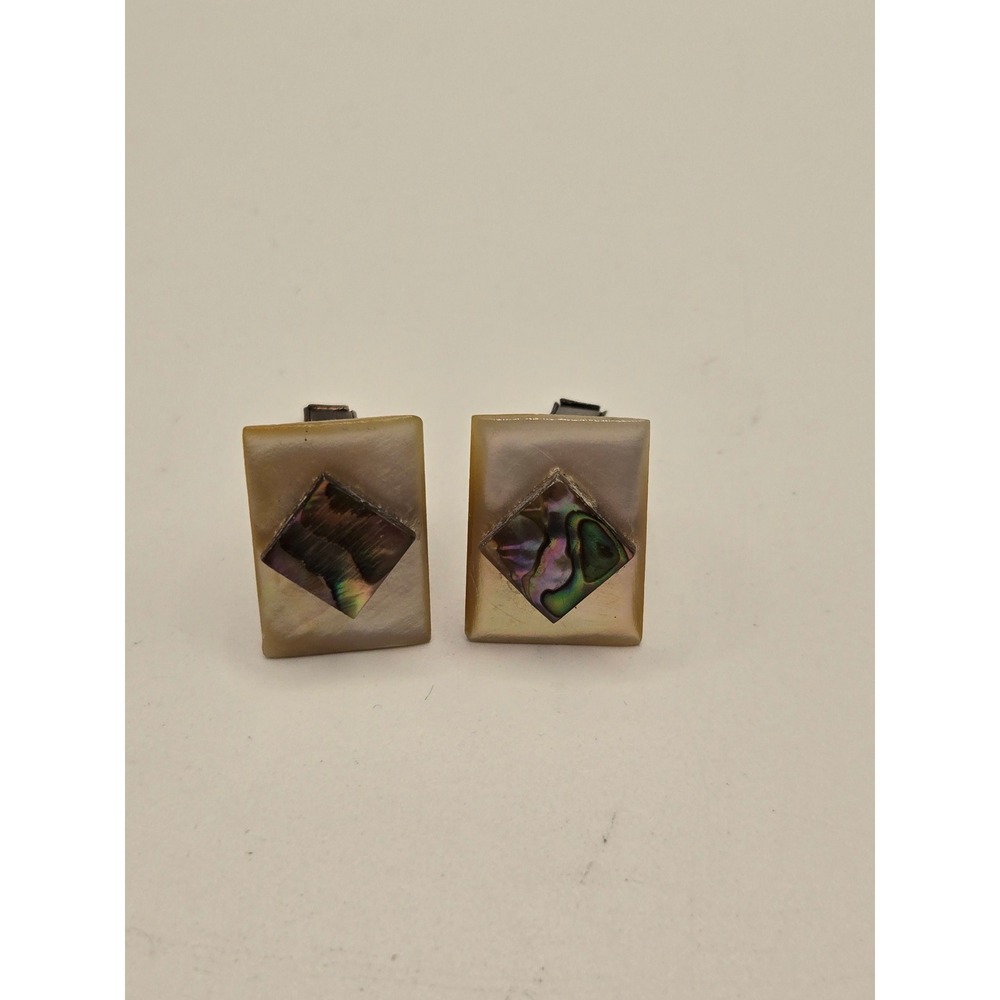 Vintage Mother of Pearl and Abalone Inlay Rectangular Cufflinks Silver Tone